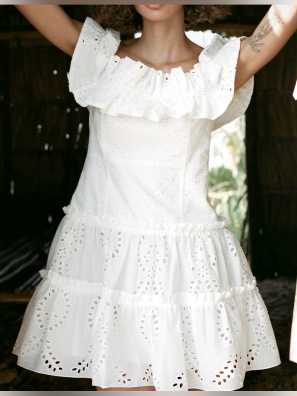 Zara White Eyelet Embroidered Strapless Ruffle Tiered Mini Dress Cotton Size L